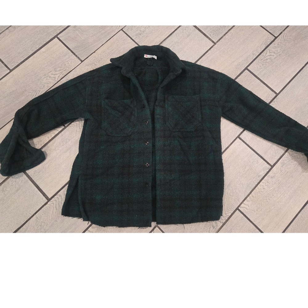 MNML Mens Plaid Shirt Jacket Green Black Fuzzy Brushed Flannel Overshirt Small